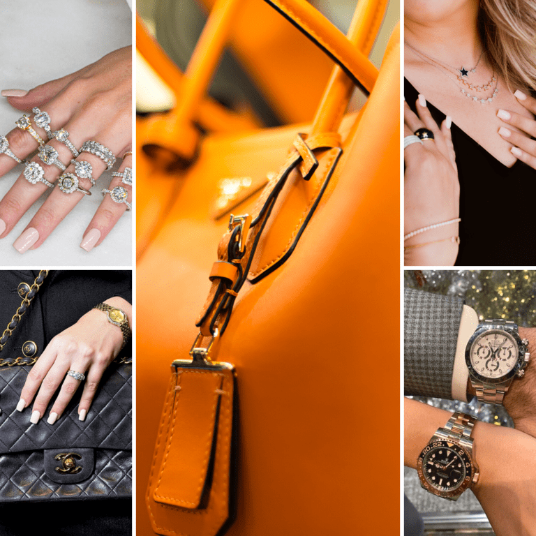 images of designer handbags, gold, and diamond jewelry