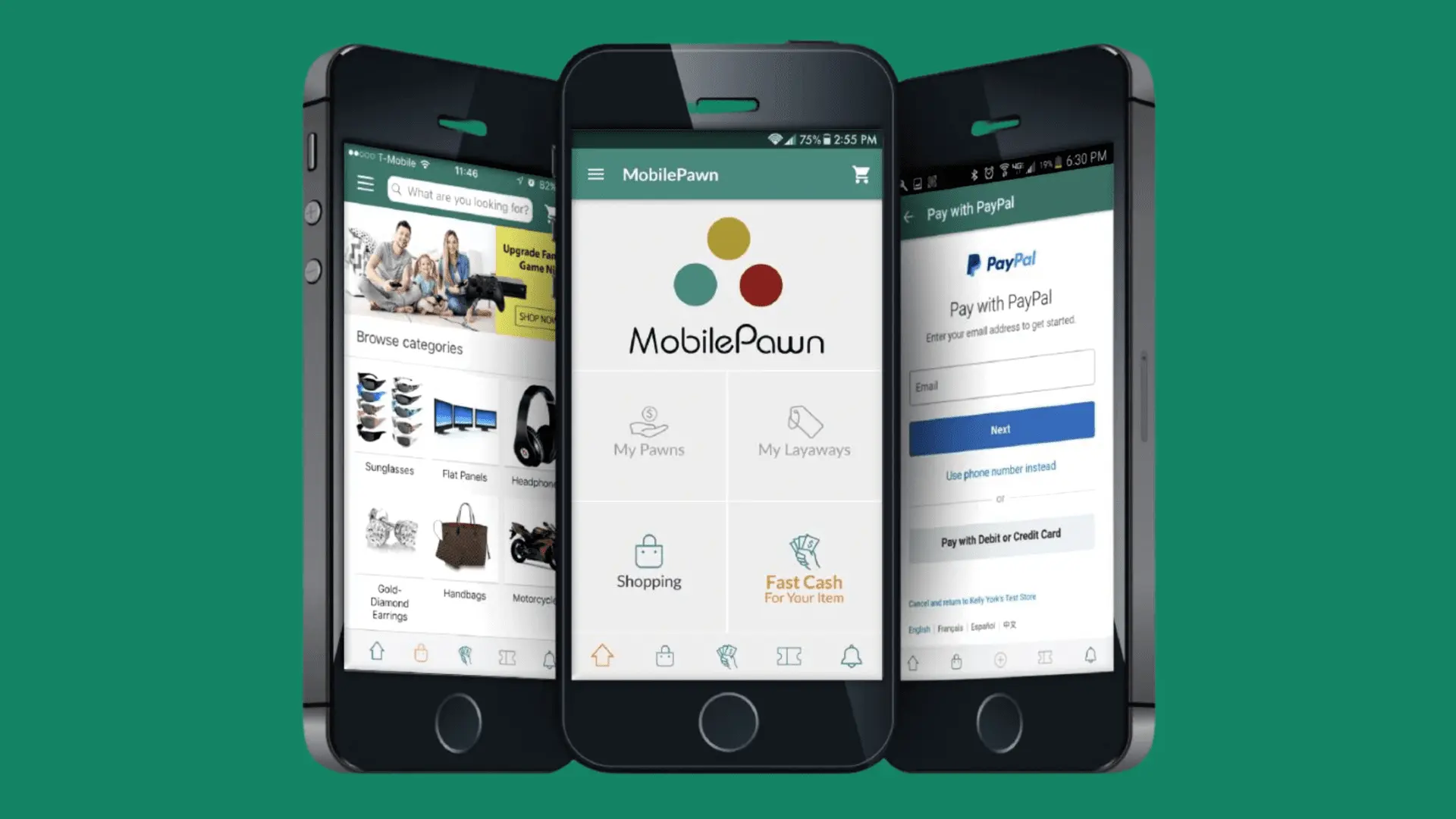image of MobilePawn app functions like shopping online, requesting new loans, paying on layaways and extending loan dates